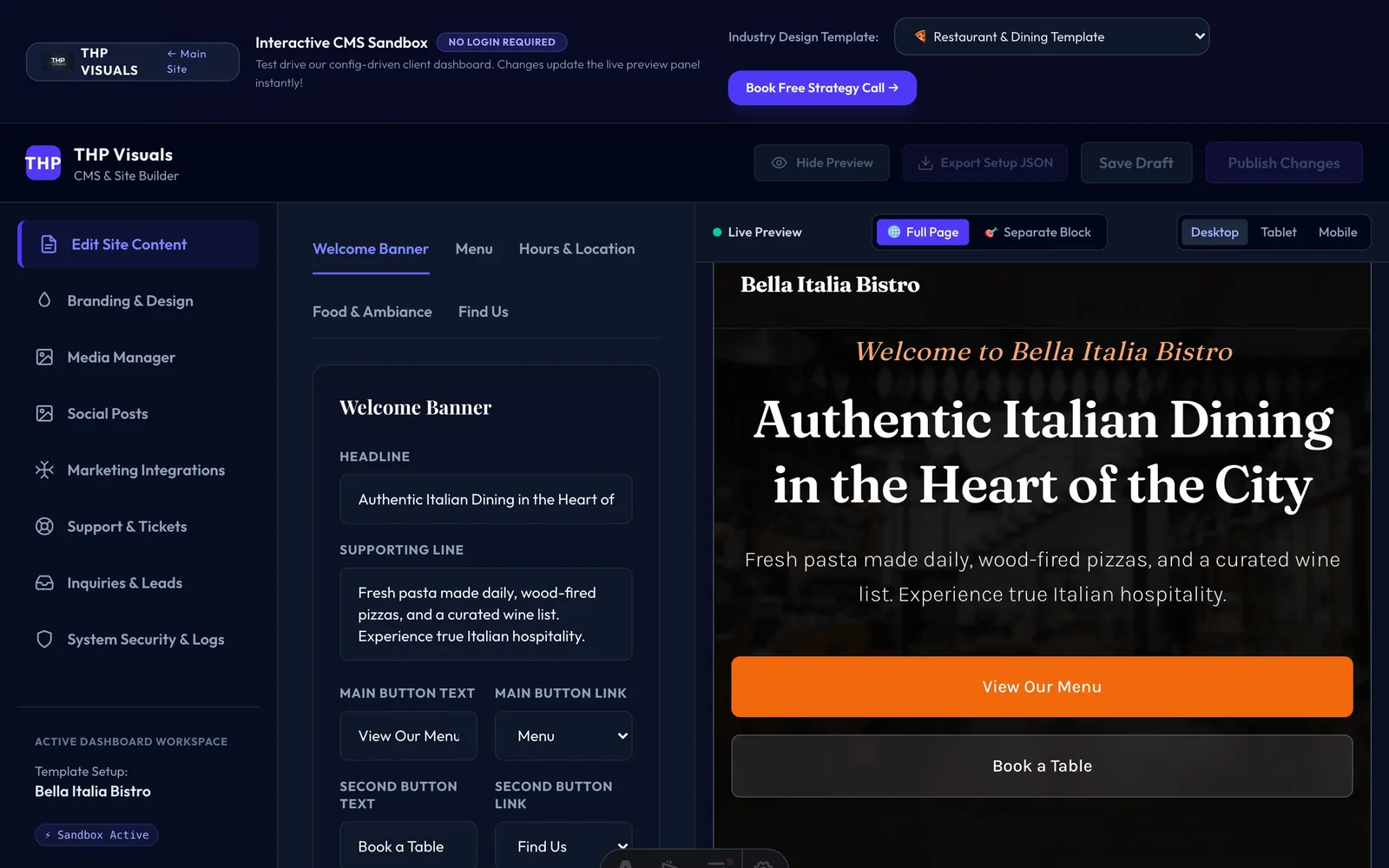 THP Visuals CMS admin dashboard with live preview and content editing