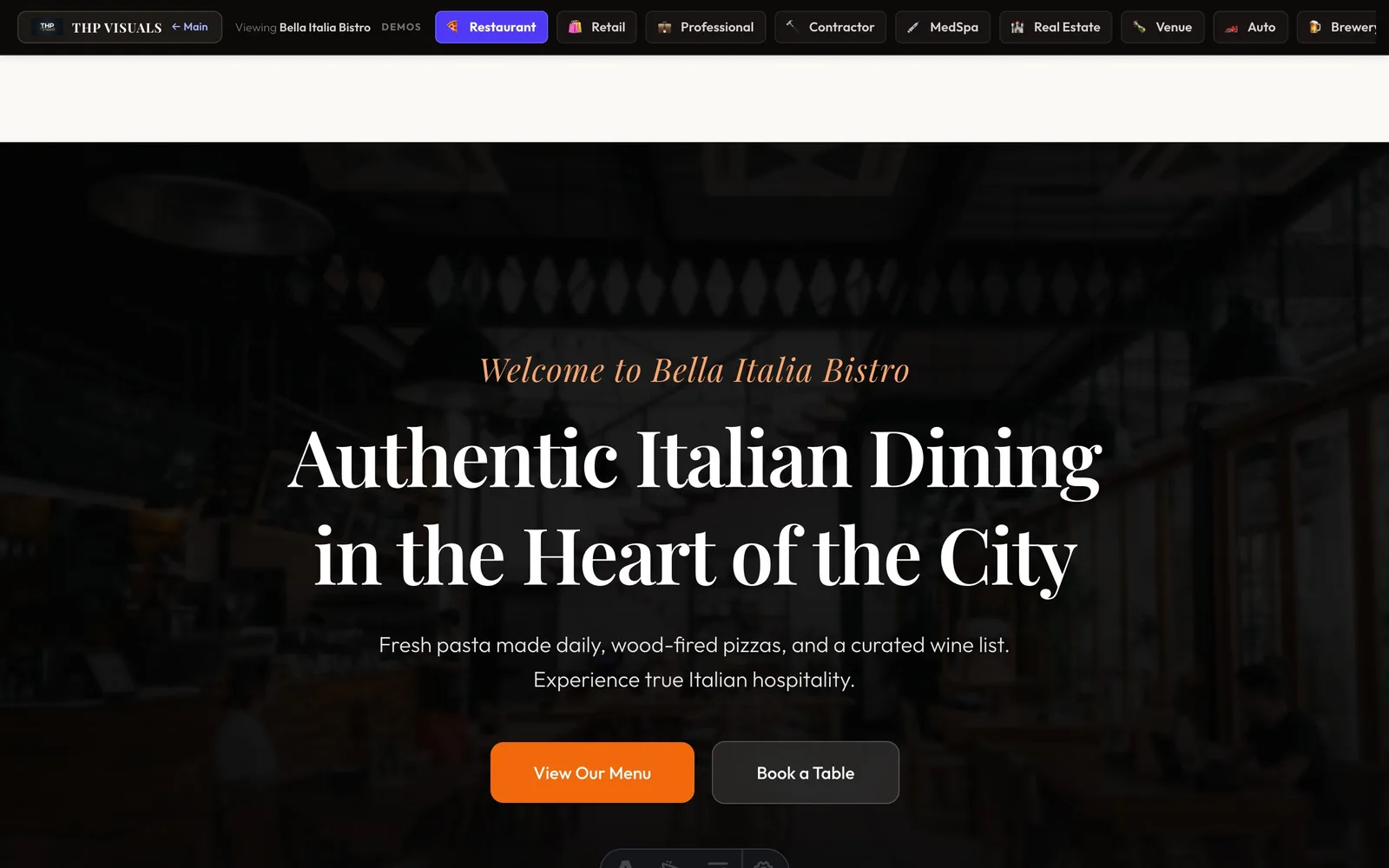 Live restaurant website demo built on the THP Visuals platform